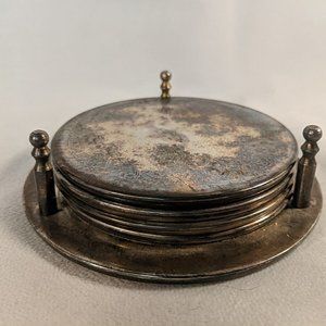 Vintage Style Tarnished Chrome Silver 4 Metal Coasters and Stand Rubber Non-slip